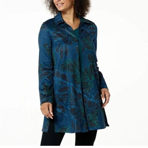 IMAN Global Chic Luxe Faux Suede Topper blue floral Jacket - Picture 1 of 7